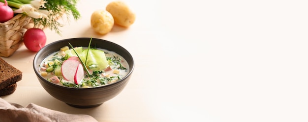 Traditional russian cold okroshka soup with kefir