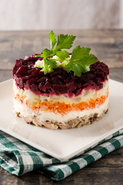 Traditional Russian herring salad with beetroot and carrots