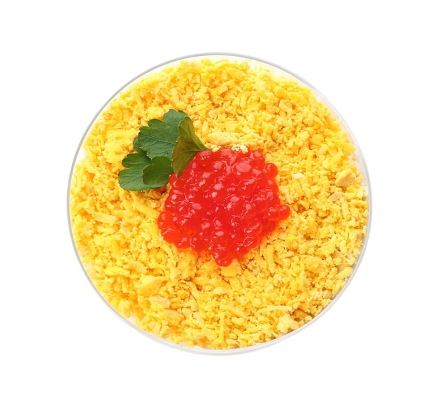 Traditional russian salad Mimosa on white background top view