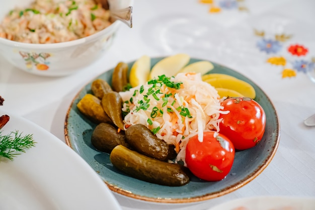 Traditional Russian snacks on plate