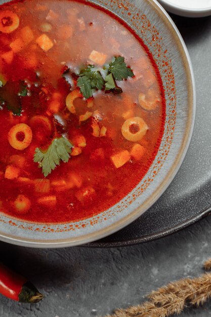 Traditional russian solyanka or saltwort soup selective focus photo for the menu traditional food