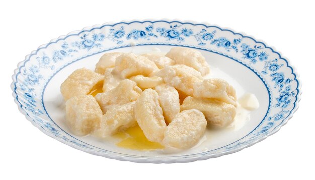Traditional russian ukrainian cottage cheese lazy dumplings On a white plate with a national ornament