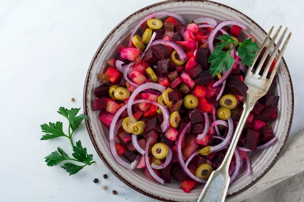 Traditional Russian and Ukrainian vegetable salad with beets