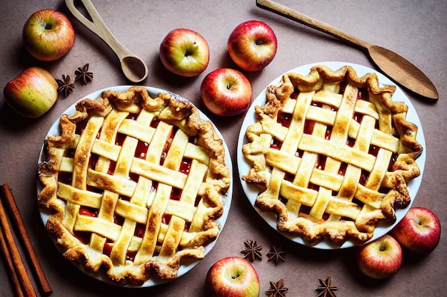 Traditional rustic apple pie with cinnamon on table