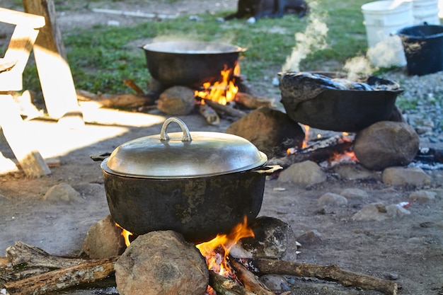 Traditional rustic cooking on an open fire. in the Dominican Republic