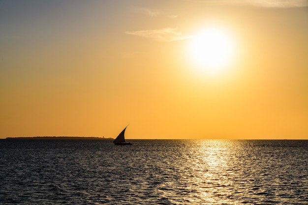 Traditional sail boat dhow at the Indian ocean when sunset