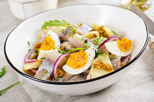 Traditional  salad of salted herring fillet, fresh apples,  red onion  and eggs. Kosher food. Scandinavian cuisine.