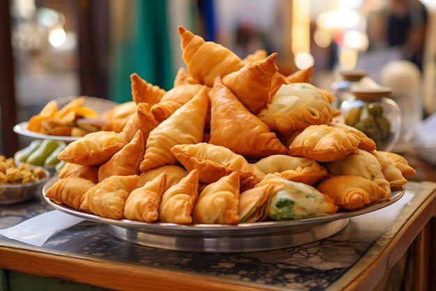 Traditional savoury pastry with filling fresh pastizzi and snacks for sale in a pastizzeria malta