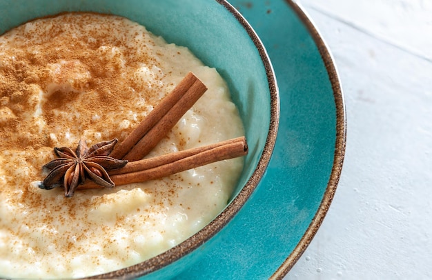 Traditional scandinavian-style rice porridge, pudding. close\
up, top view