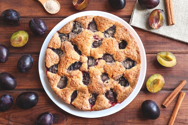 Premium Photo | Traditional seasonal plum cake. Original recipe from the New York Times. Top view