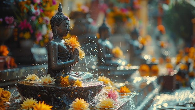 Photo the traditional side of songkran as locals gather to pour water over buddha statues