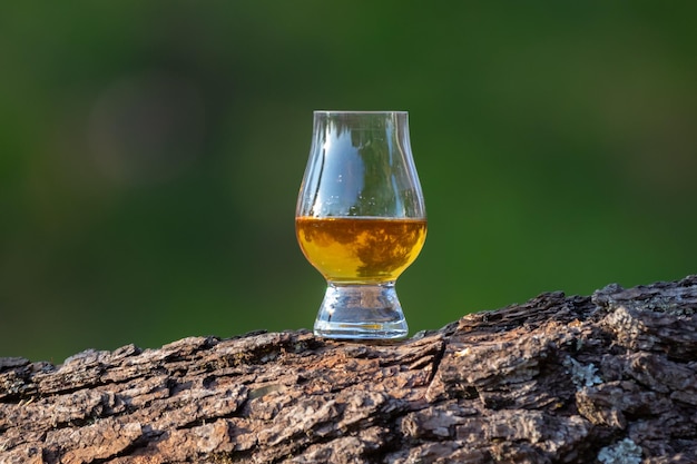 Traditional Single malt Scotch whiskey in the Glencairn glass in selective focus