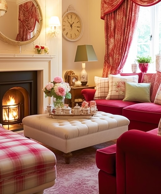 Традиционный декор гостиной, дизайн интерьера, красный, розовый, мебель для гостиной, диван и домашний декор в английском загородном доме и элегантном коттеджном стиле, генеративный ай