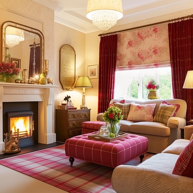 전통적인 거실 장식 인테리어 디자인 빨간색 분홍색 거실 가구 소파와 영국식 컨트리 하우스의 가정 장식 및 우아한 별장 스타일 후처리 생성 AI