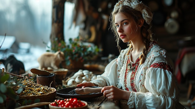 Photo a traditional slavic woman preparing food during a hard winter