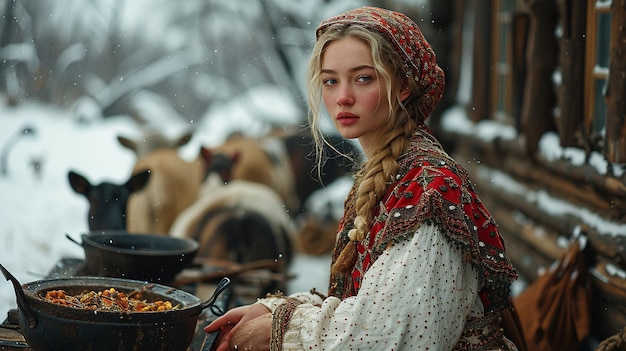 A traditional slavic woman preparing food during a hard winter