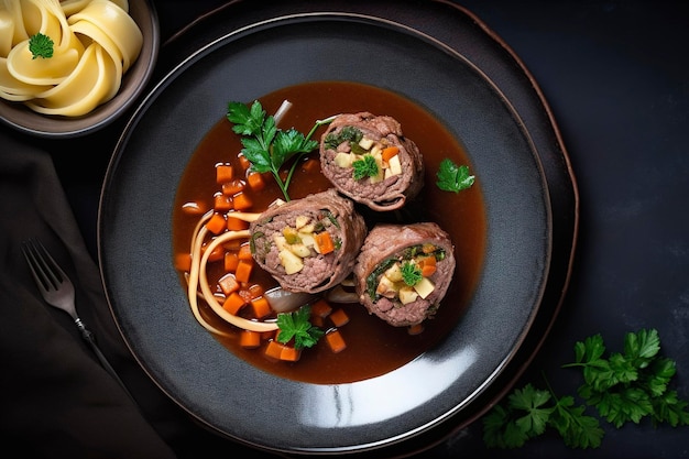 Traditional slow cooked German Wagyu beef roulades with gnocchetti sardi noodles in a spicy gravy as a top view on a Nordic design plate with copy space on the right generate ai