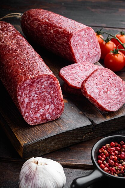 Traditional smoked salami sausage with spices set, on old dark wooden table 