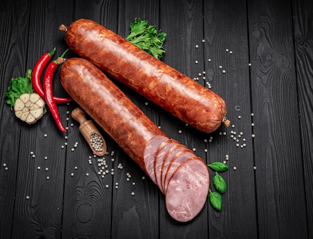 Traditional smoked salami sausage with spices Smoked sausage