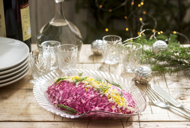 Traditional Soviet festive salad of herring and vegetables