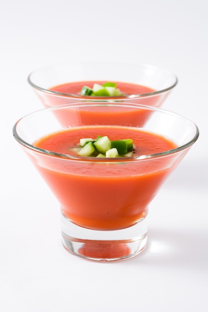 Traditional Spanish cold gazpacho soup isolated on white