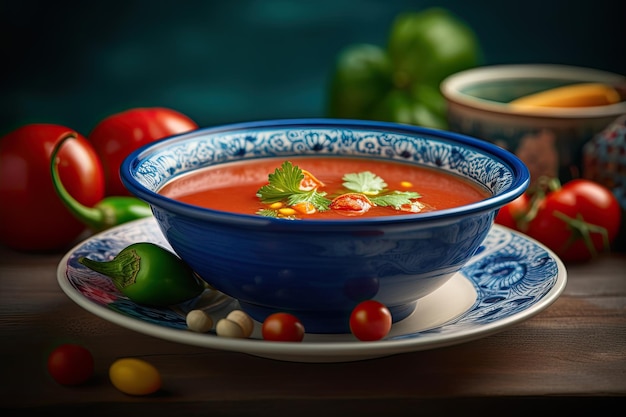 Traditional spanish gazpacho soup in blue bowl with ingredients on blue wooden table Ai generative