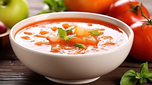 Traditional spanish gazpacho soup in bowl on wooden tablexa