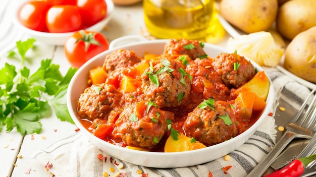 Traditional Spanish meatballs Albondigas prepared in tomato sauce with vegetable Generative Ai