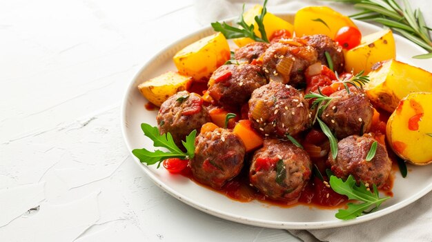 Photo traditional spanish meatballs albondigas prepared in tomato sauce with vegetable generative ai