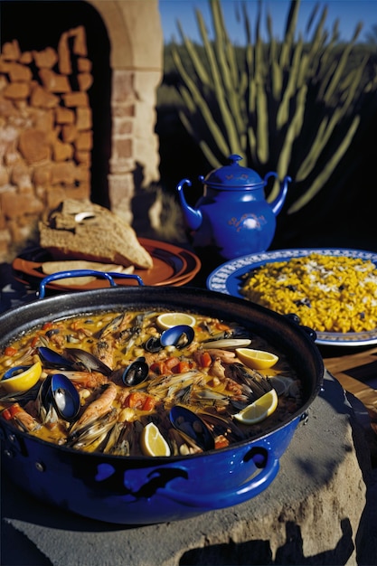 Traditional Spanish paella with seafood and chicken generative AI