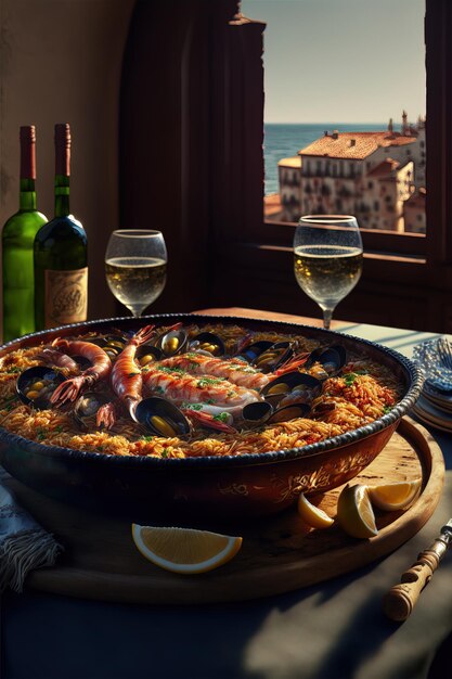 Traditional Spanish paella with seafood and chicken generative AI