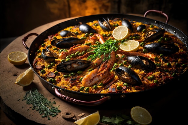 Traditional Spanish paella with seafood and chicken generative AI