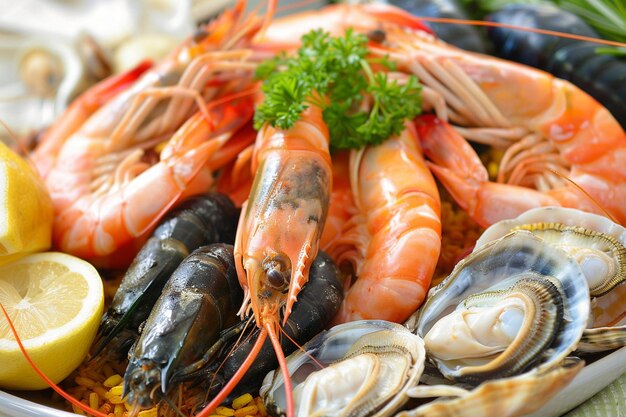 Photo traditional spanish paella with seafood and vibrant rice in a rustic circle presentation