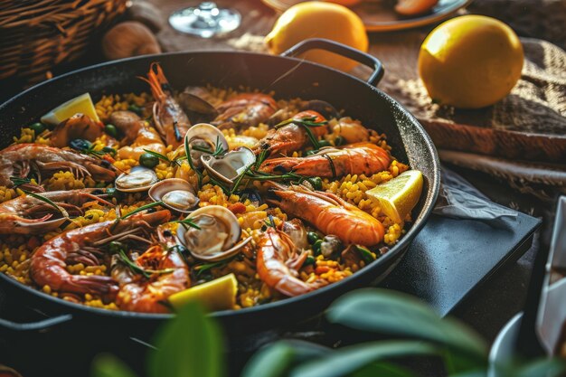 Foto paella spagnola tradizionale di pesce con gamberetti di cozze di riso in padella ia generativa