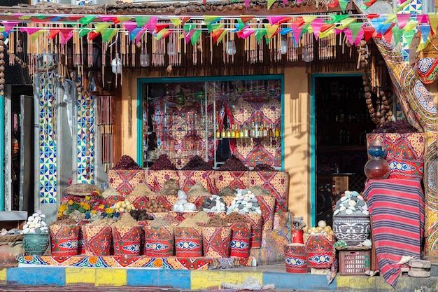 Traditional spices bazaar with herbs and spices in street old market in Sharm El Sheikh Egypt close up