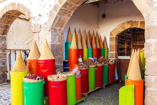 traditional spices and herbs on a market in morocco
