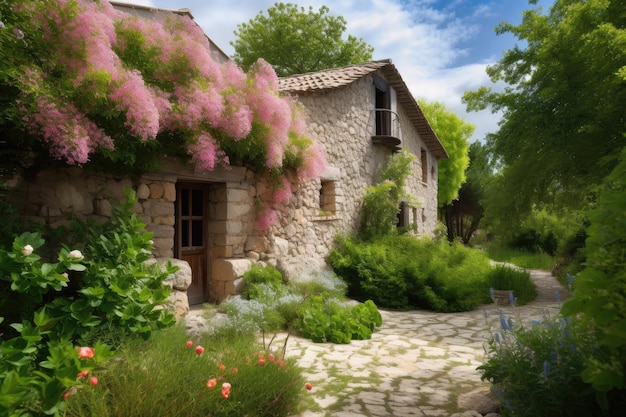 Traditional stone house surrounded by lush greenery and blooming flowers created with generative ai