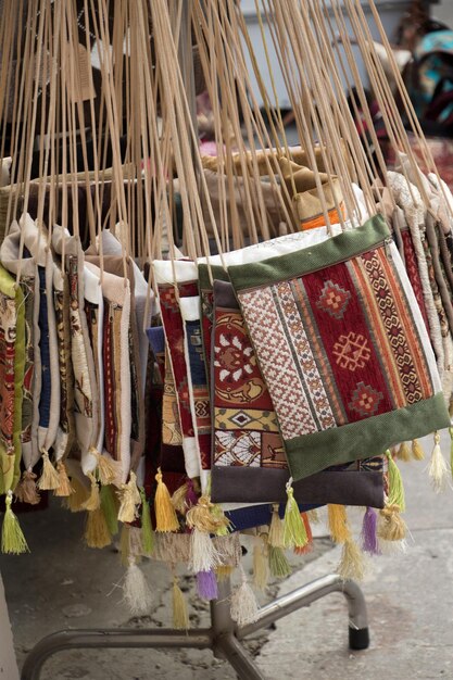 Traditional style handmade woven bags of fabric