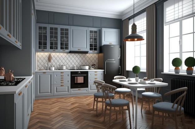 A traditional style modern kitchen with parquet flooring wooden accents and a gray color scheme