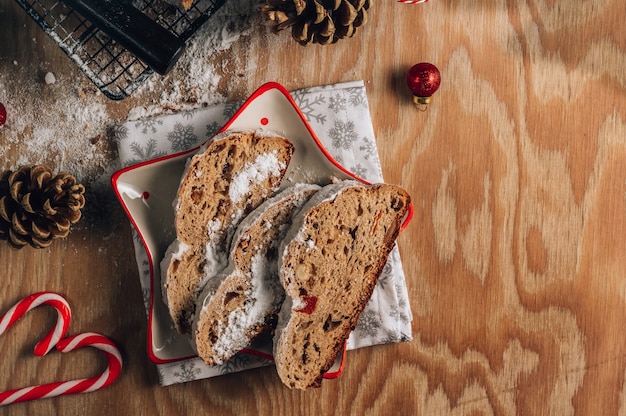 Traditional sweet fruit loaf with icing sugar