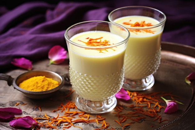 Photo traditional sweet lassi adorned with saffron strands