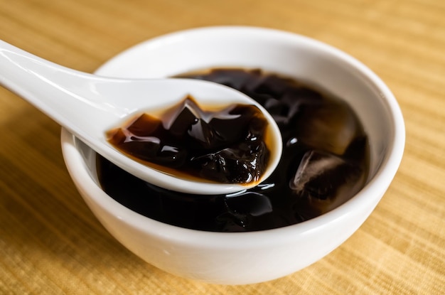 Traditional Taiwanese snacks of mesona black herbal tea in a bowl