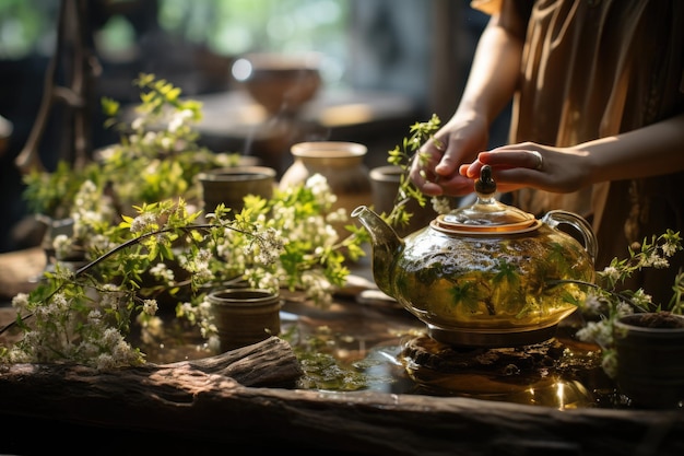 Традиционная чайная церемония со специальной посудой и элегантностью, порождающей ИА.