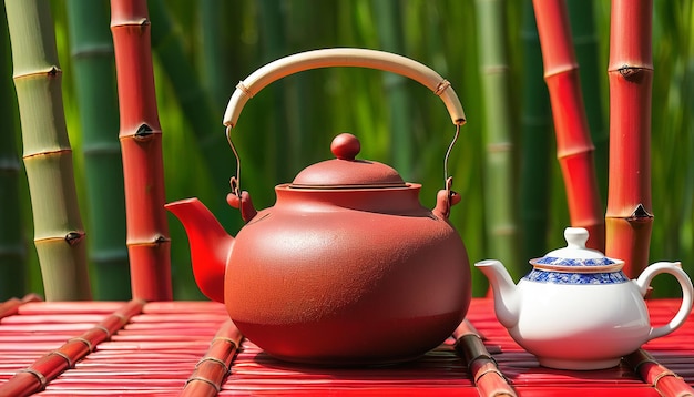 Traditional Tea Pot on Red Bamboo A Taste of Culture