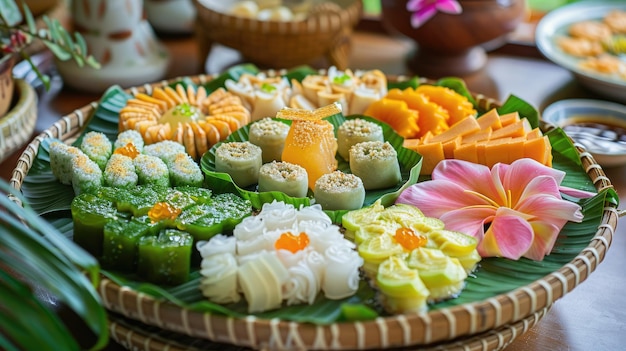 Photo traditional thai dessert tray with thong yip and thong yod beautifully arranged and ready to serve