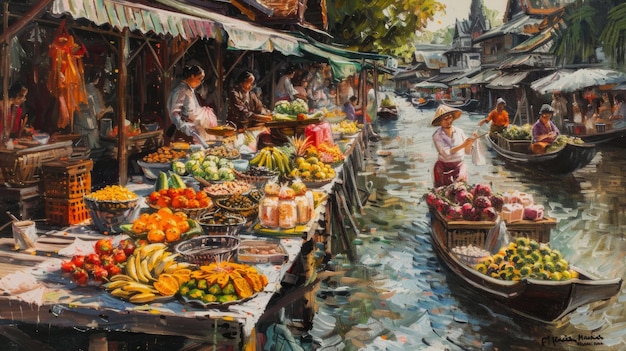 Photo a traditional thai floating market bustling with vendors selling a colorful array of fresh fruits grilled meats and spicy salads