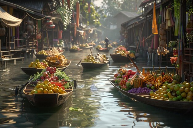 Photo a traditional thai floating market with boats lade