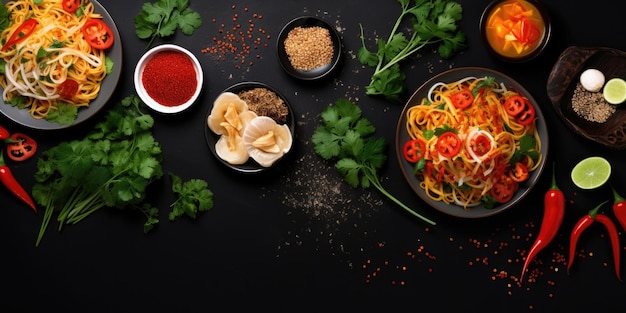 Traditional Thai food on dark background Oriental food concept Top view flat lay panorama