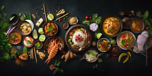 Traditional Thai food on dark background Oriental food concept Top view flat lay panorama