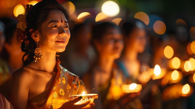 伝統的なタイの女性が光と希望の祭りでろうそくを持っています